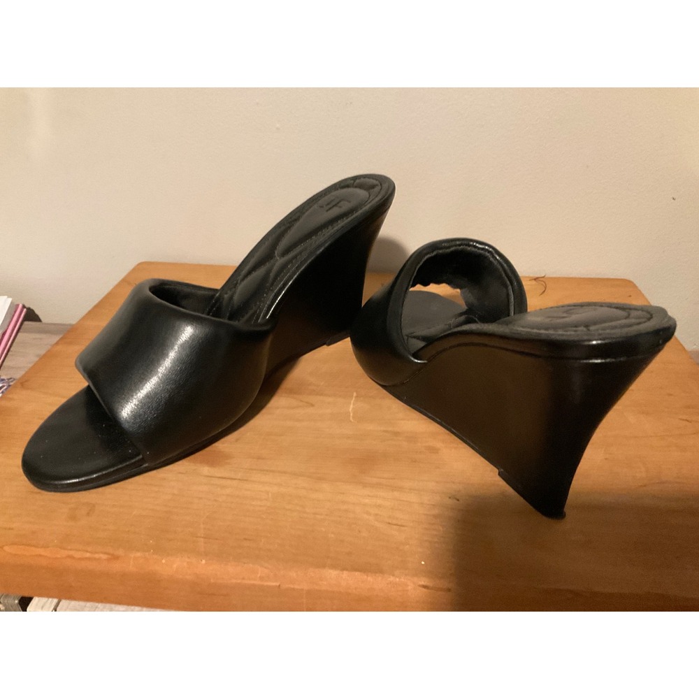 Jeffrey Campbell Black Leather Padded Strap Wedge Sandals Slides JF Logo